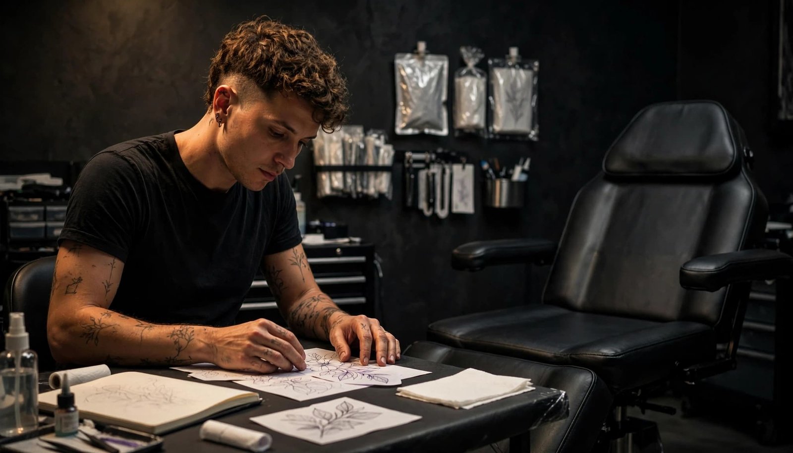 Tattoo artist preparing a stencil beside a chair in a dark, clean studio.