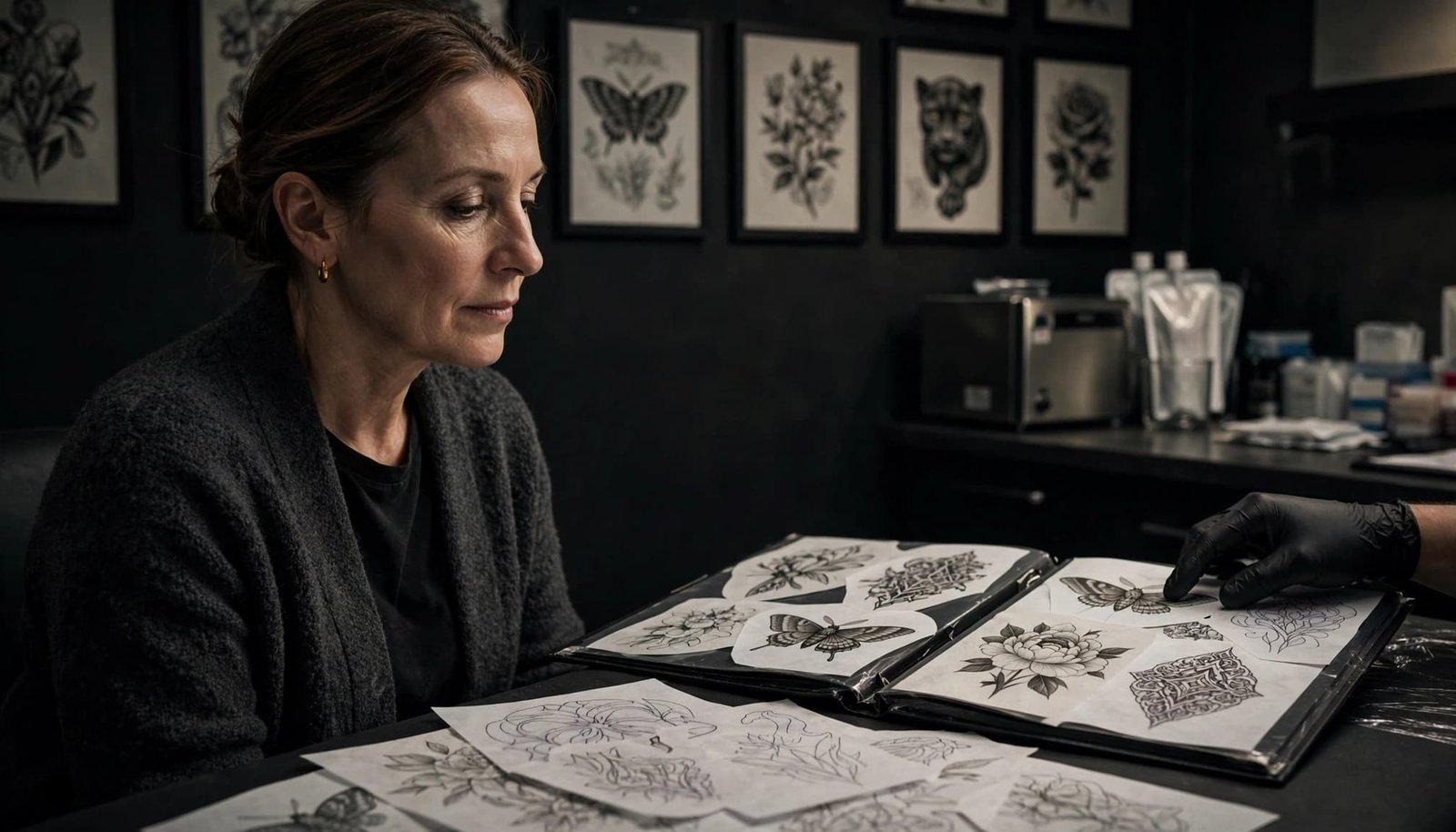 A woman reviews tattoo designs and appointment notes with an artist in a studio.