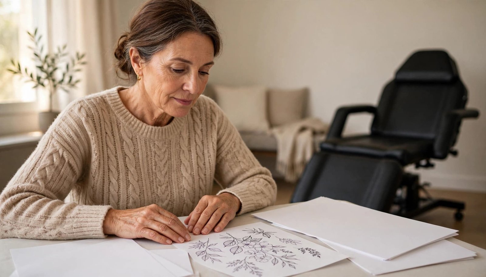 A woman reviews tattoo papers beside an empty chair in a calm studio.