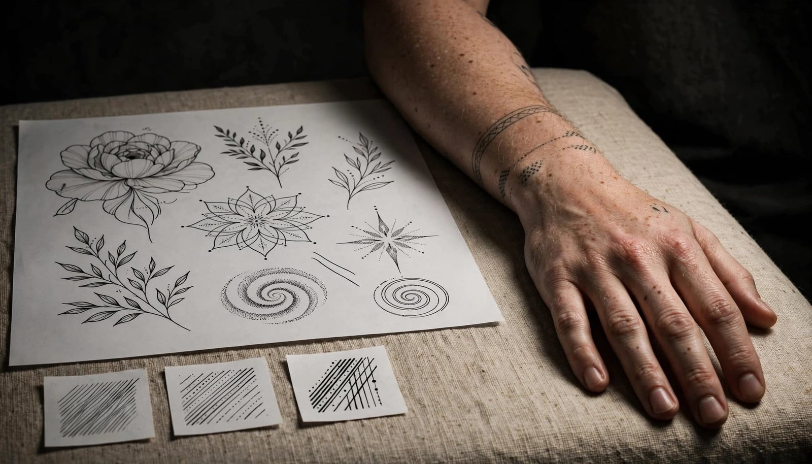 A tattoo artist&rsquo;s forearm beside abstract floral stencil designs on a studio table.