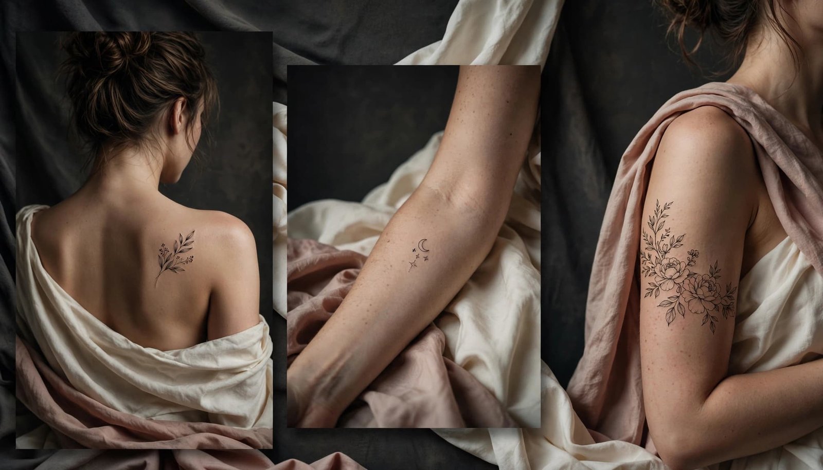 Three tattoo placements appear on one woman&rsquo;s shoulder blade, forearm, and upper arm.
