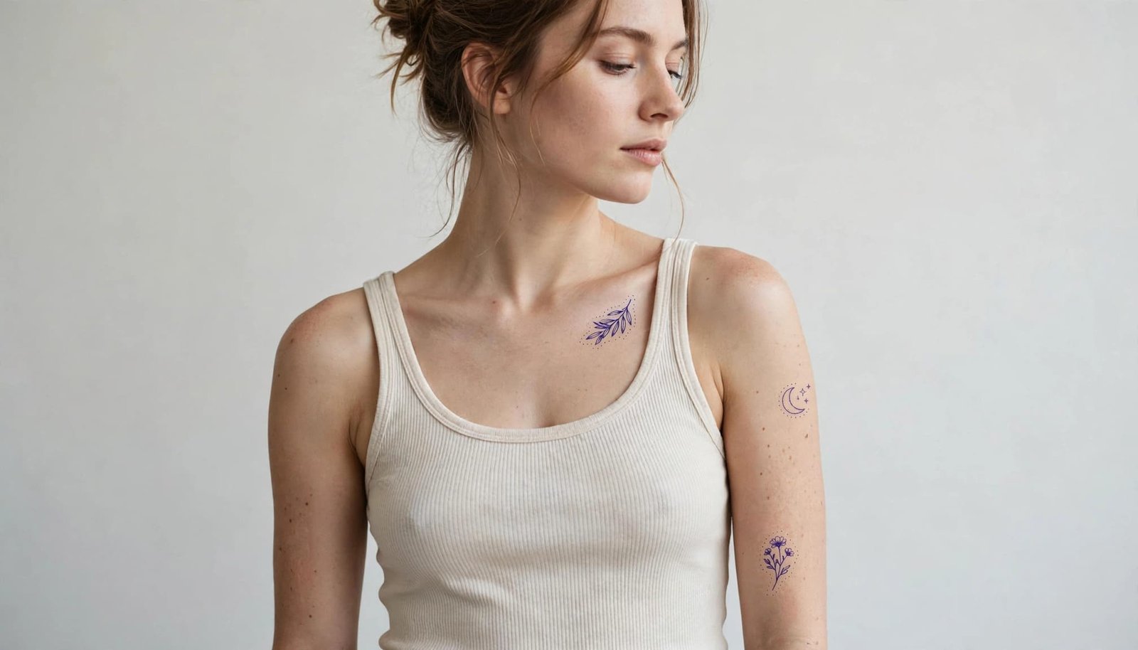 Person showing small tattoo stencils on the forearm, collarbone, and upper arm.