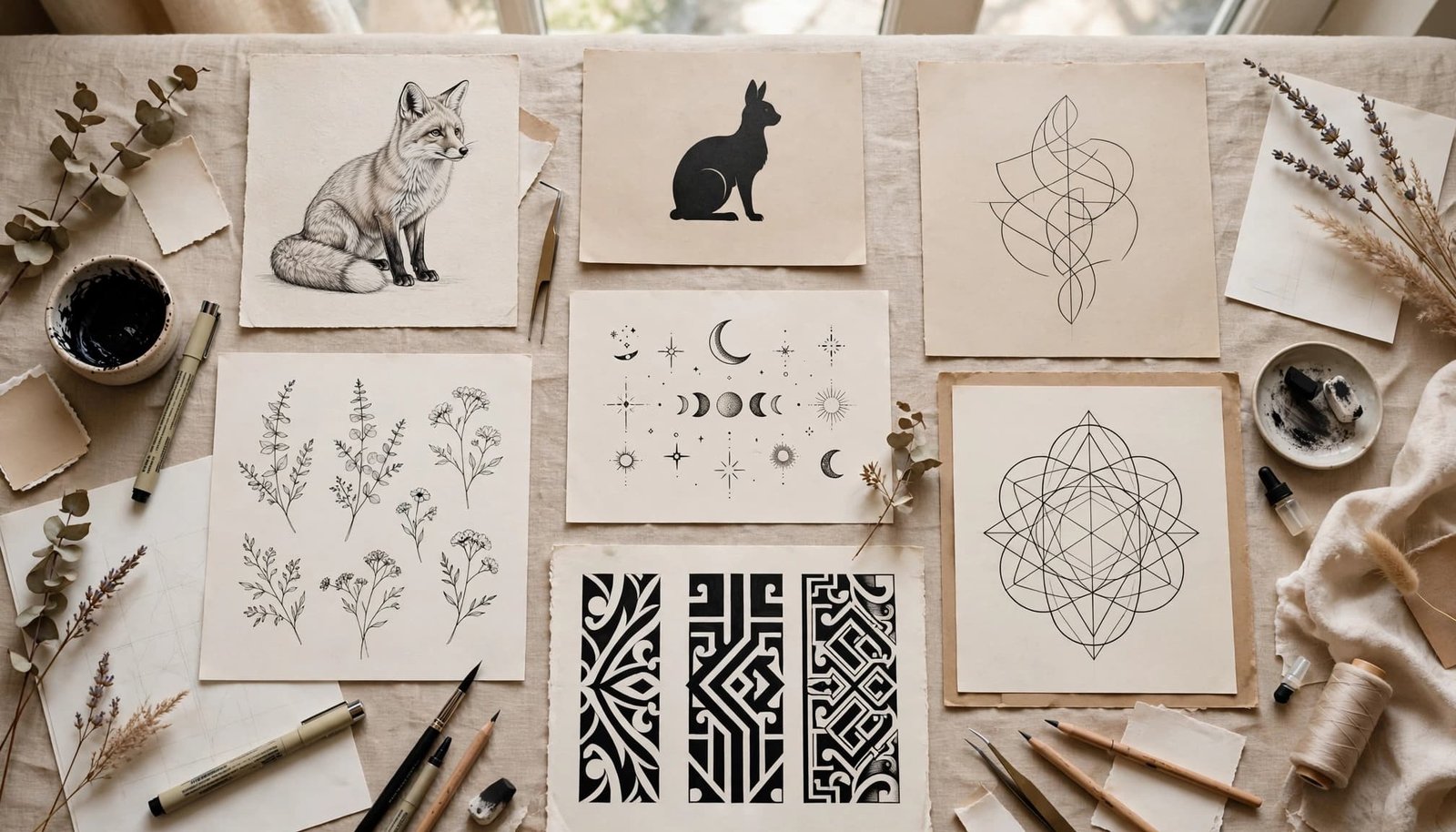 Tattoo design ideas arranged on paper beside ink tools on a warm studio table.