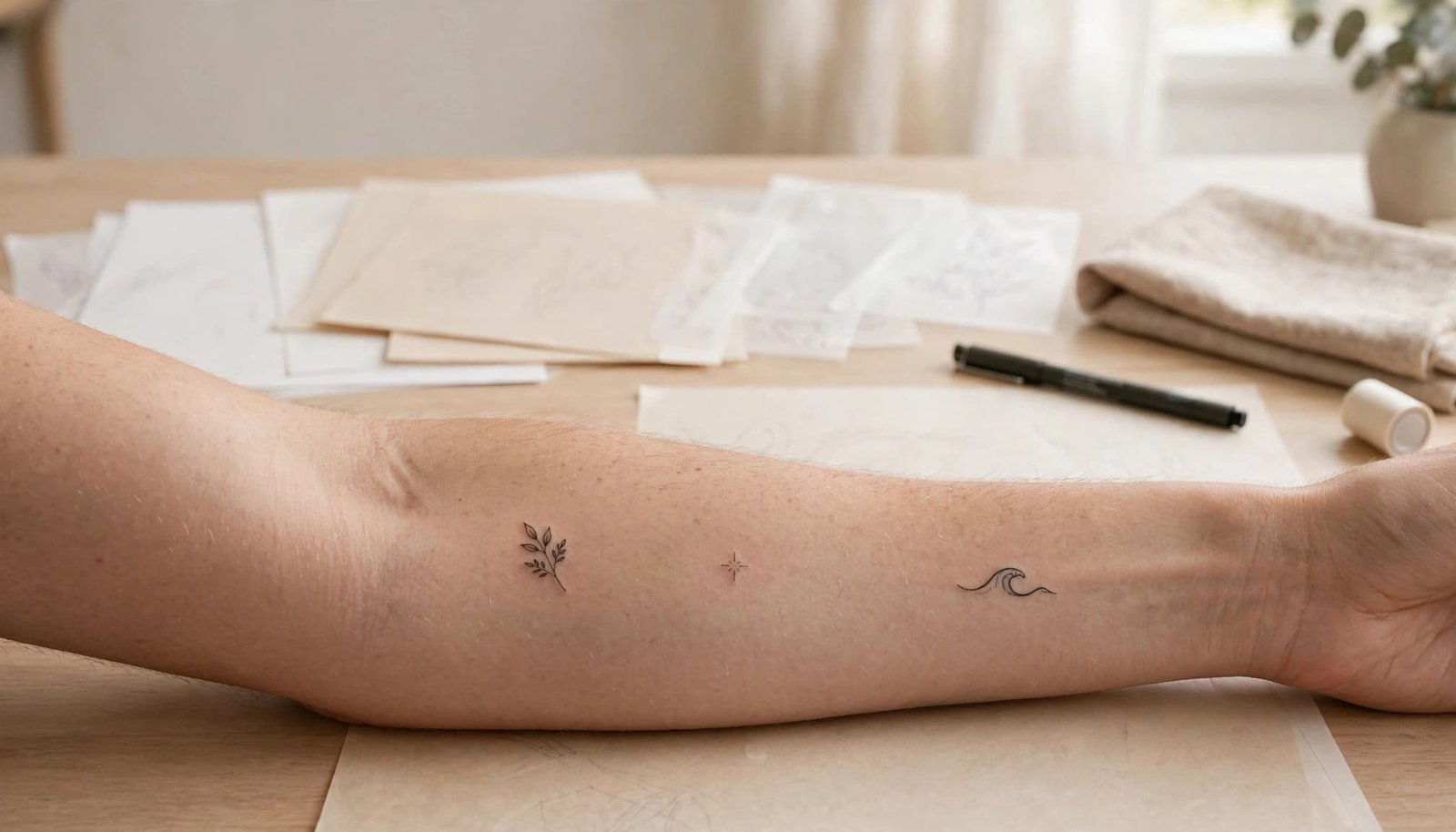 Forearm showing three small temporary tattoo designs beside stencil sheets and sketch paper.