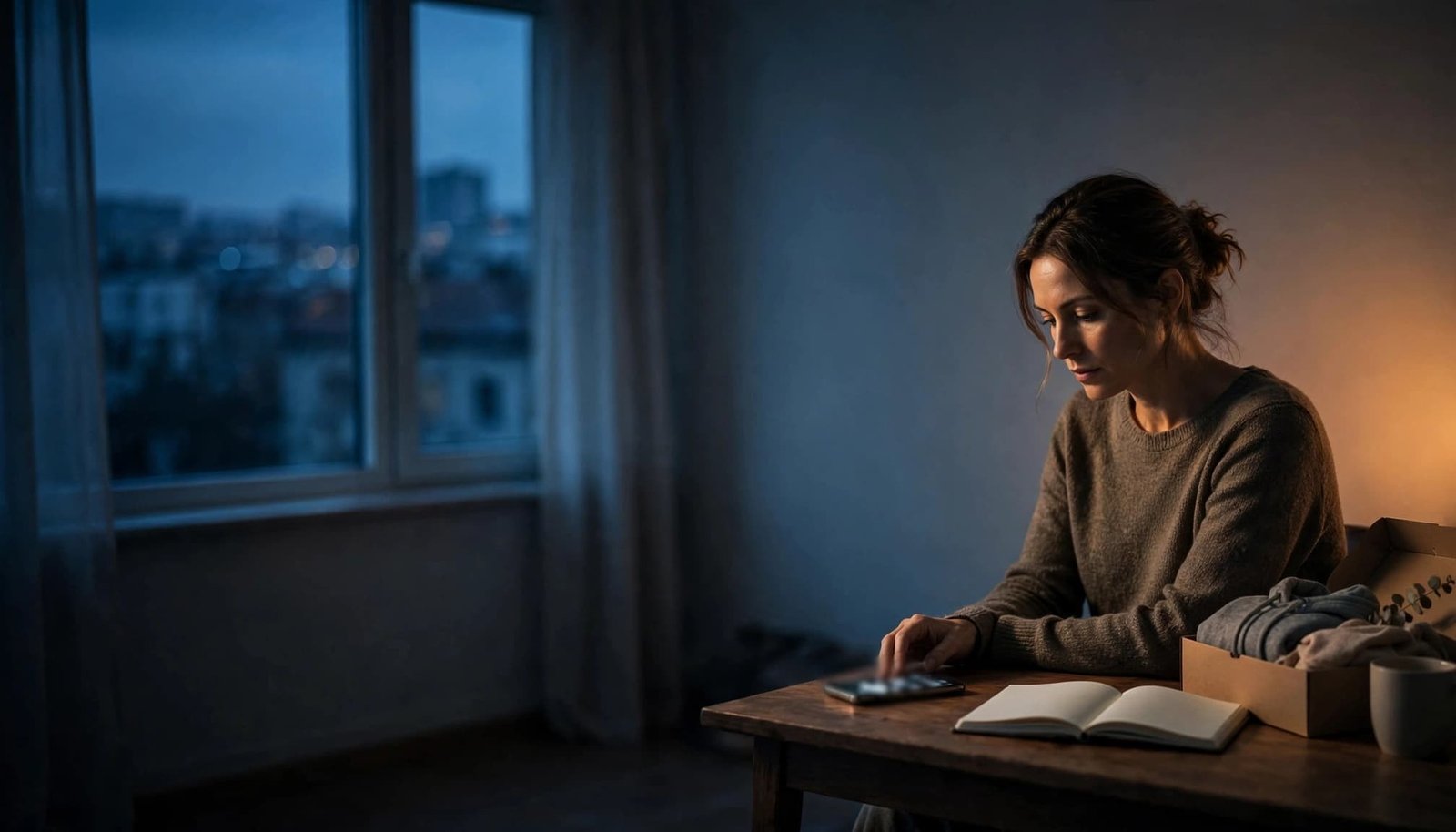 A person reviews a phone beside a notebook and small box in a dim apartment.