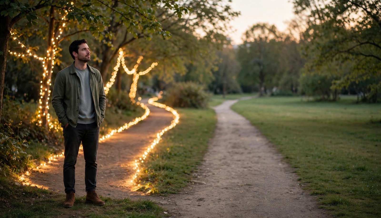 An adult stands between two separate paths in a quiet park at dusk.
