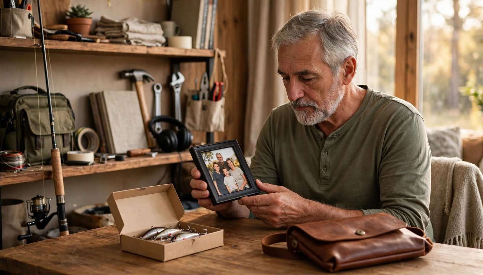 An older father chooses a gift beside a family photo in a warm living room.