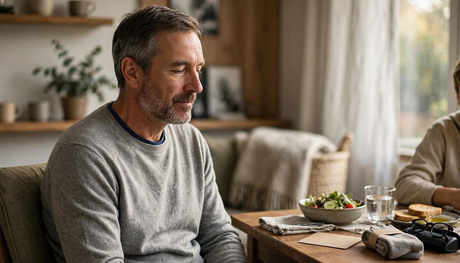 A father sits quietly with a meal, card, and household item as an adult child stands nearby.