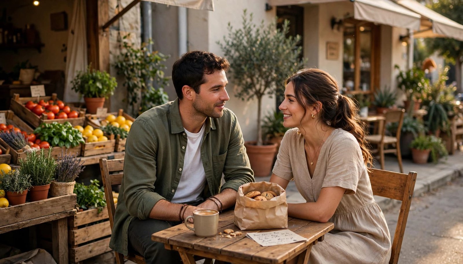 A couple shares snacks at a market table beside a neighborhood cafe.