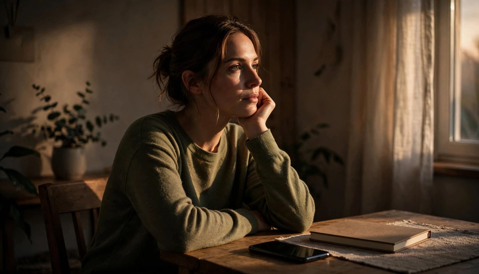 Person sitting at a table with a phone beside a notebook in warm evening light.