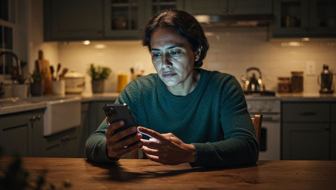 An adult sits at a kitchen table, thoughtfully holding a smartphone in warm light.