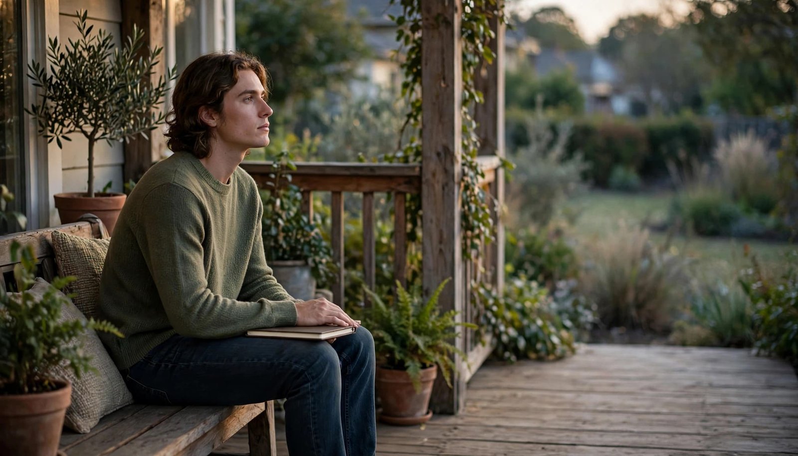 A person sits on a porch with a notebook in the soft evening light.