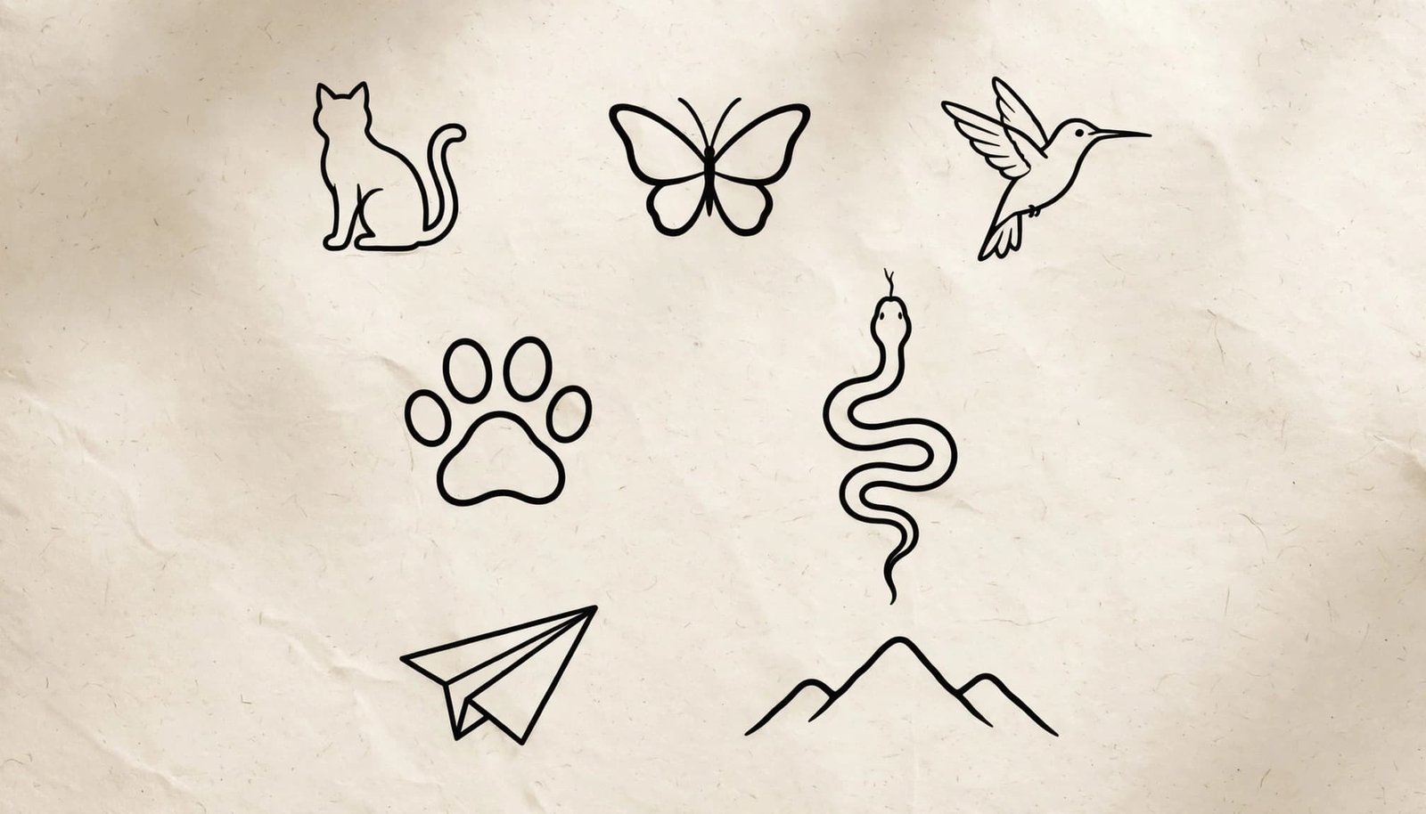Seven minimalist ankle tattoo sketches, including animals, a paper airplane, and mountains.