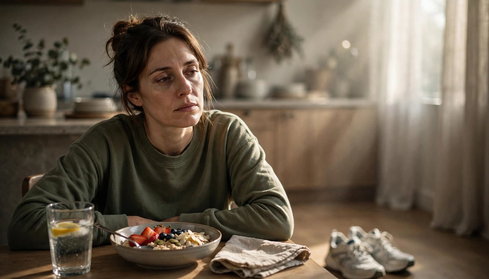 Tired woman seated at a kitchen table with breakfast, water, and walking shoes nearby.