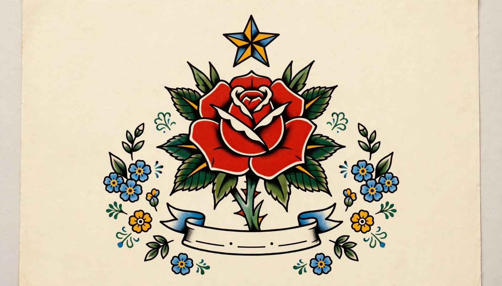 A traditional tattoo sheet with a red rose, blank banner, star, and small flowers.