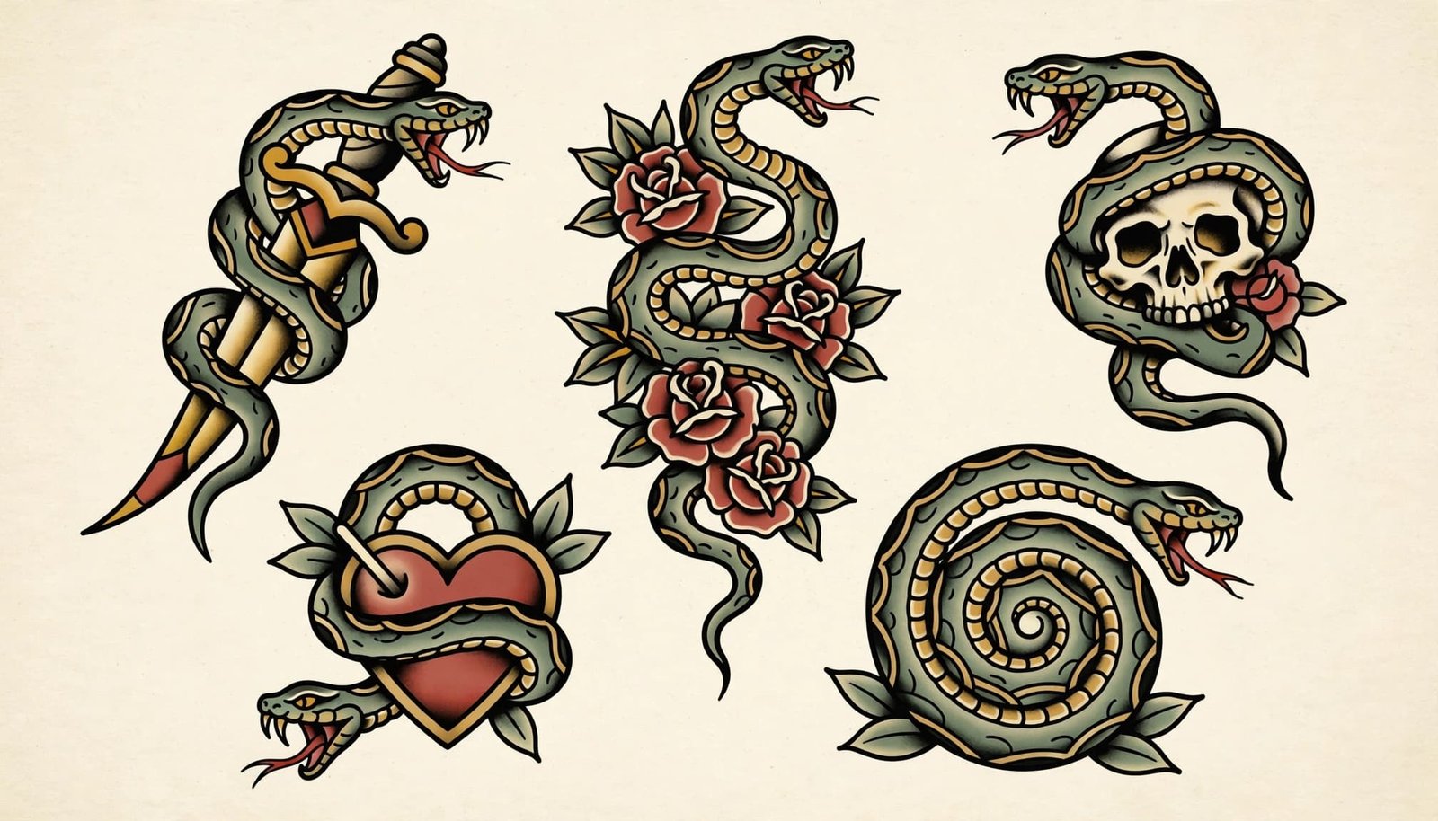 Five traditional snake tattoo designs with a dagger, roses, skull, and heart on cream paper.