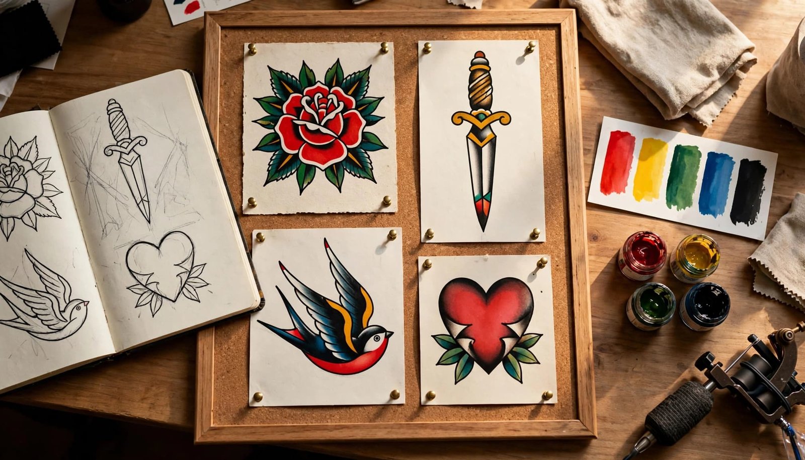 Tattoo flash designs and color swatches beside a sketchbook and tattoo machine.