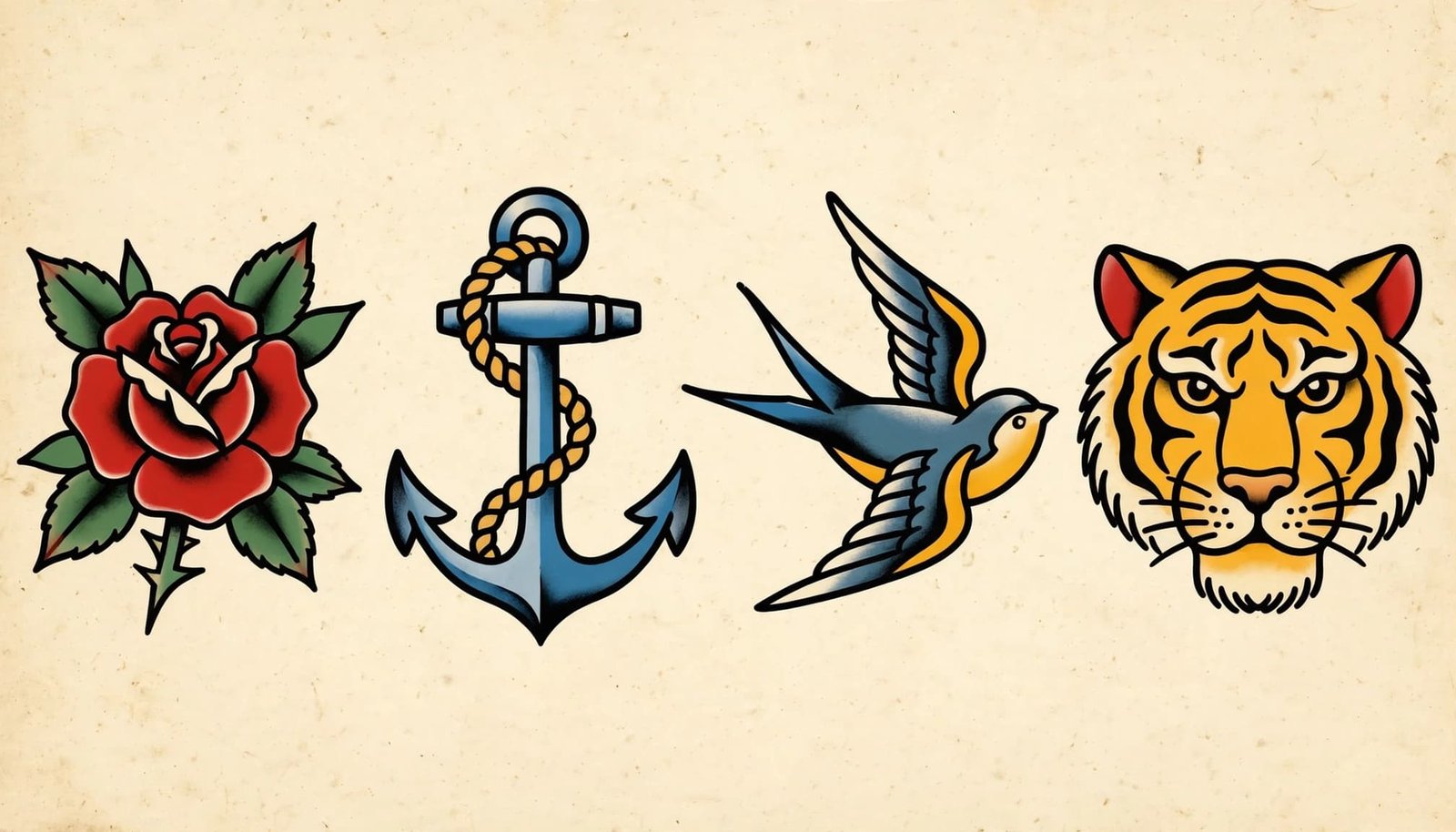 Traditional tattoo flash showing a rose, anchor, swallow, and tiger on cream paper.