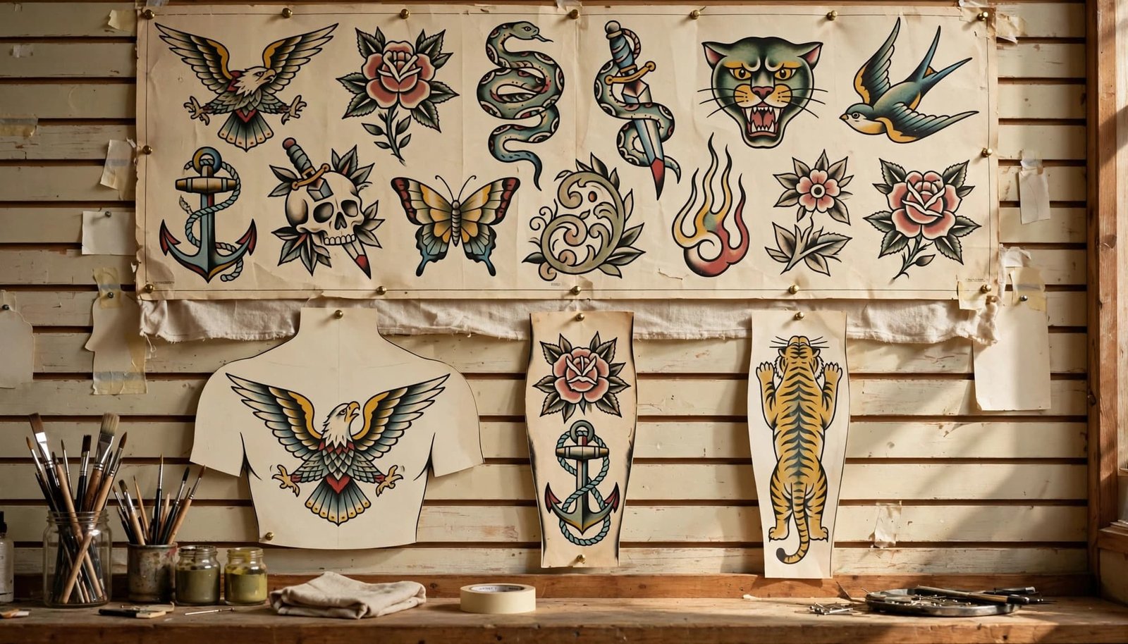 Traditional tattoo designs show different sizes and body placement options on a studio wall.