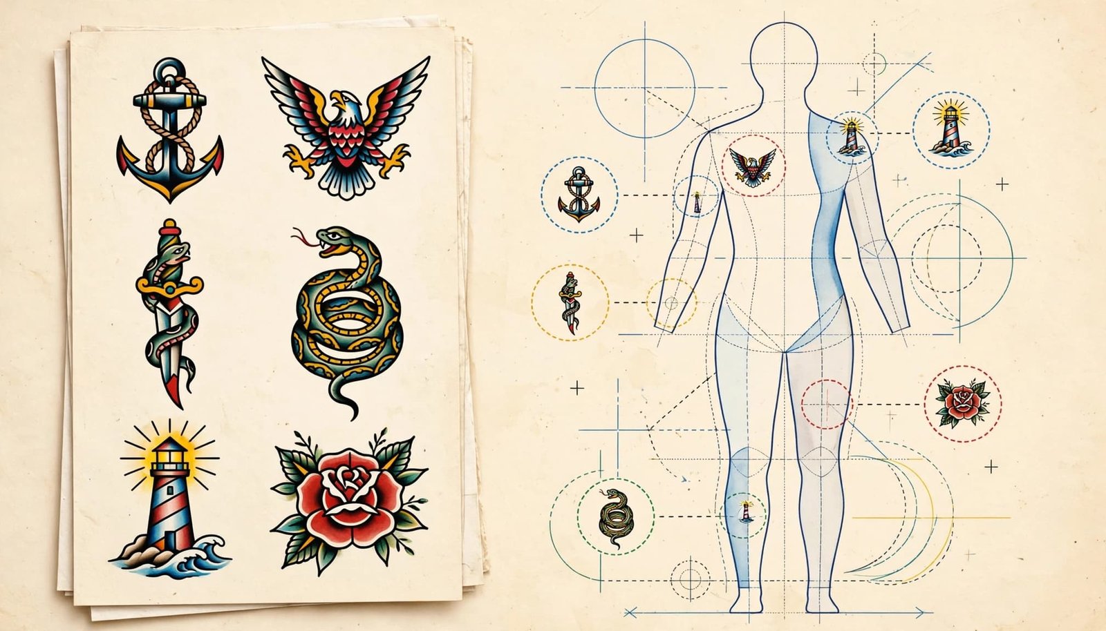 Tattoo flash motifs arranged beside a body-placement silhouette diagram.