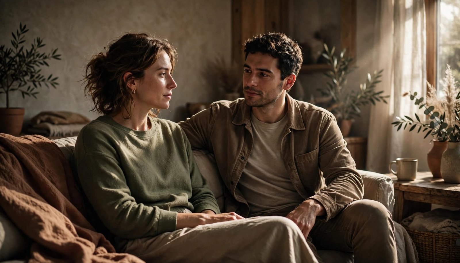 Two adults sit together in a softly lit home during a supportive conversation.