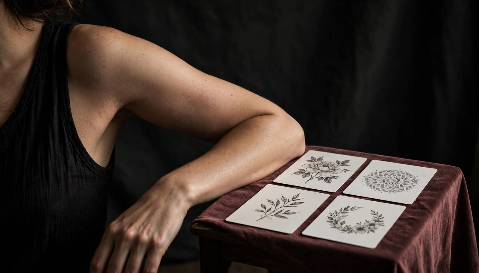 Woman comparing tattoo design cards beside her upper arm.