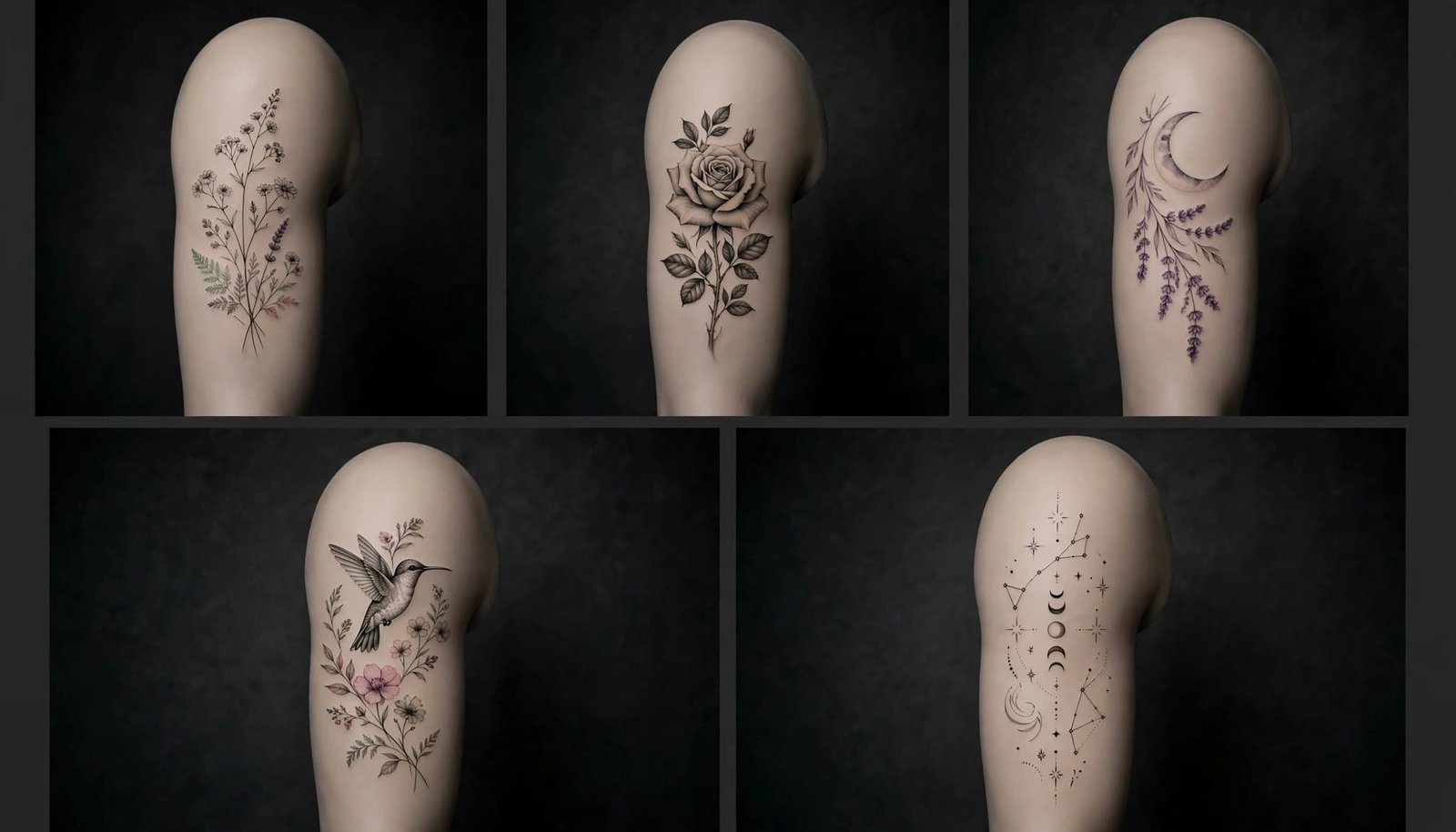 Five floral and celestial upper-arm tattoo designs arranged in separate panels.