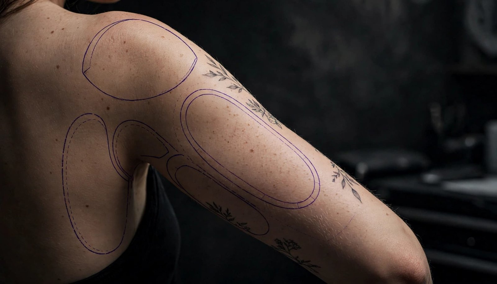 Tattooed upper arm showing several stencil placement zones in a dark studio.