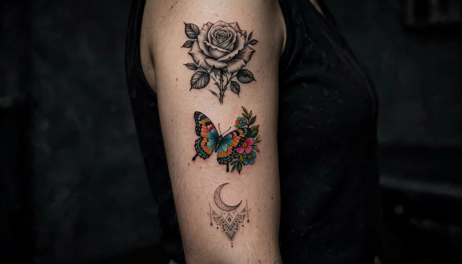 One tattooed upper arm showing rose, colorful butterfly, and crescent tattoos.