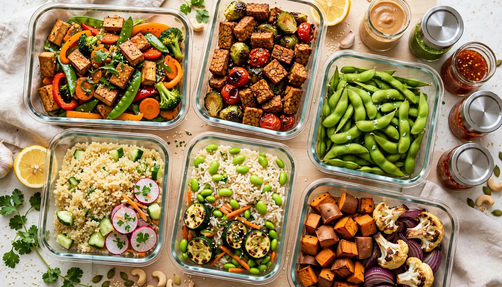 Meal-prep containers filled with tofu, tempeh, grains, edamame, vegetables, and separate sauces.