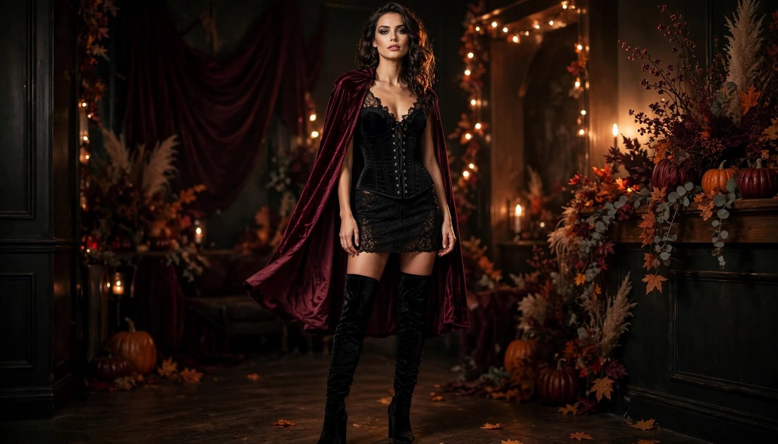 Woman in a corset, thigh-high boots, and velvet cover-up at a warmly lit Halloween party.