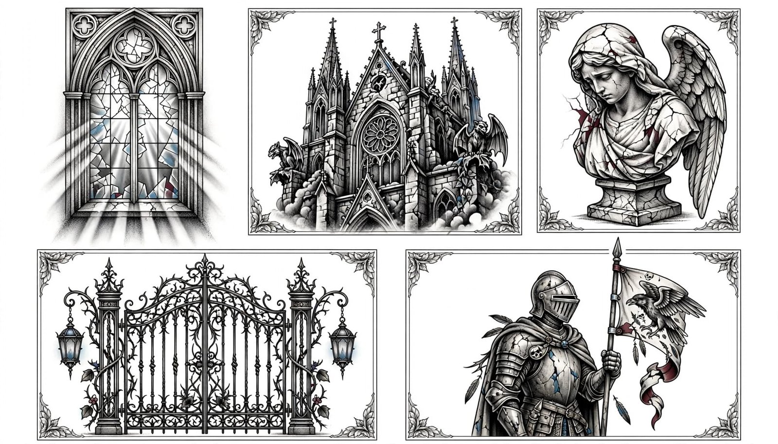 Five Gothic tattoo designs feature cathedrals, an angel, an iron gate, and a knight with a raven banner.