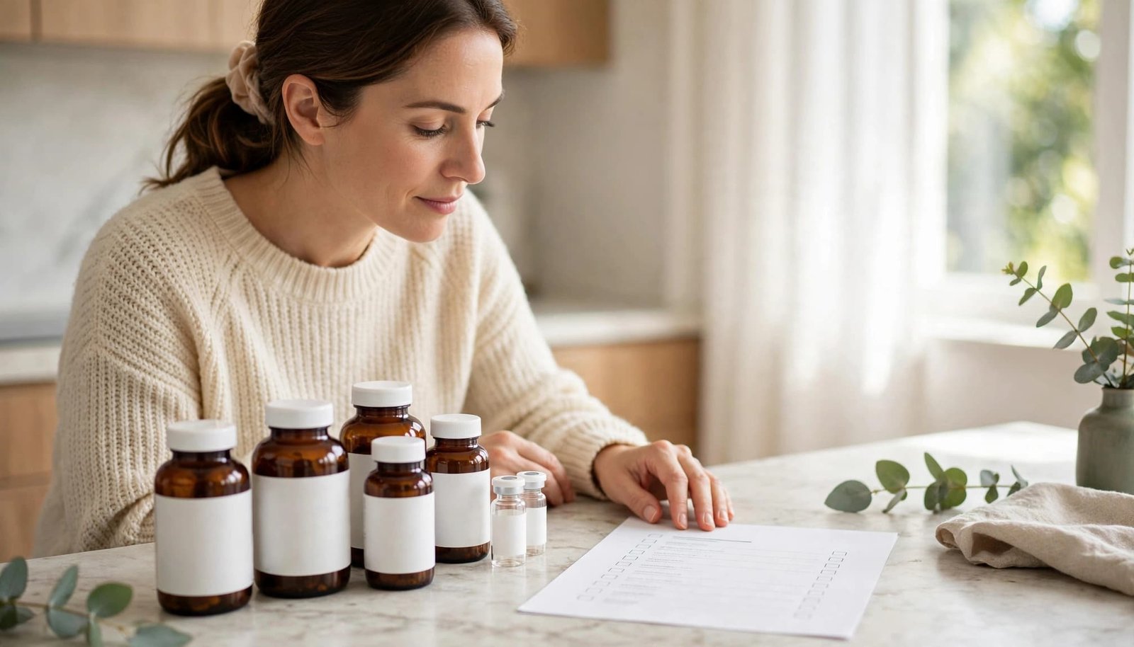 Woman reviewing vitamin bottles beside a medication list on a kitchen counter.