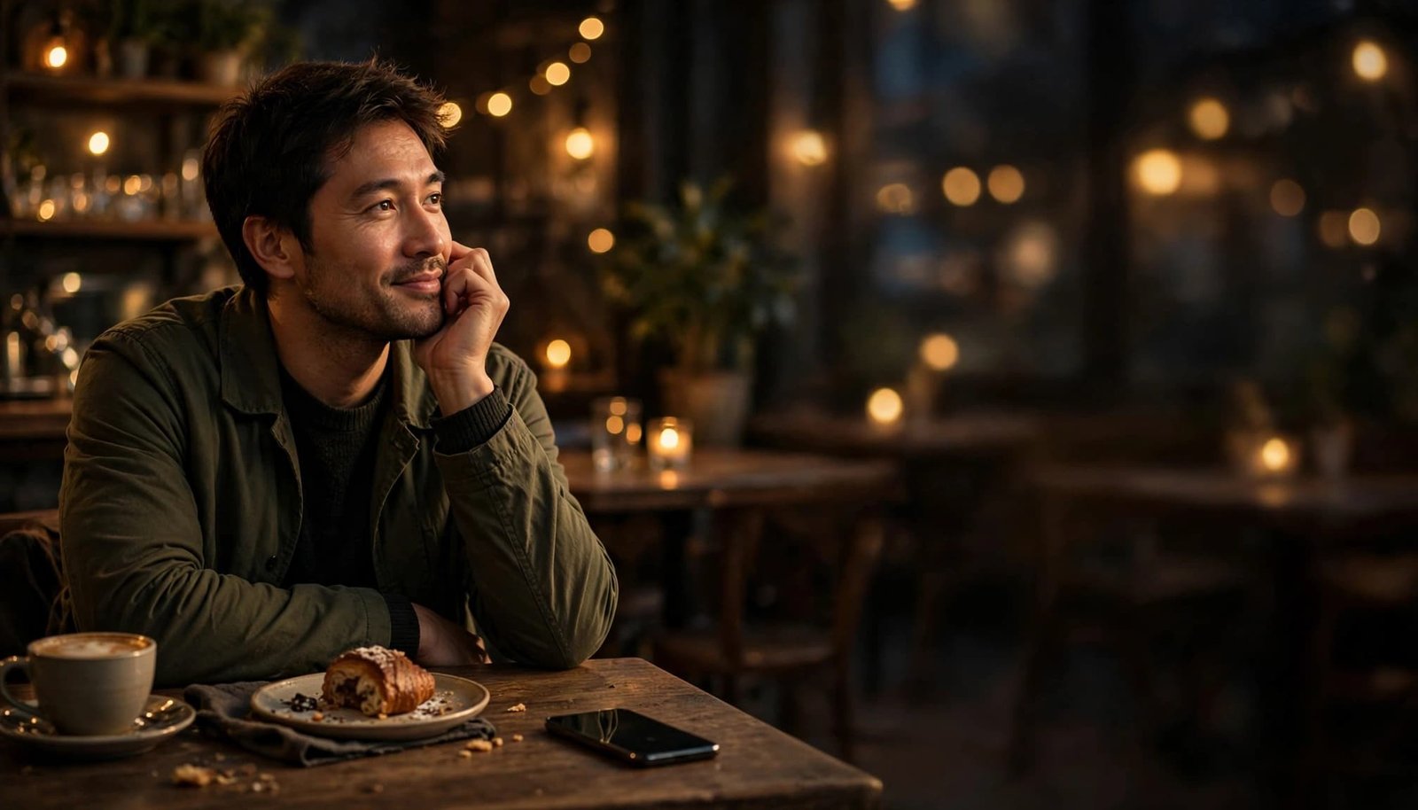 A man sits at a cafe table with a phone, coffee, and dessert under warm evening lights.