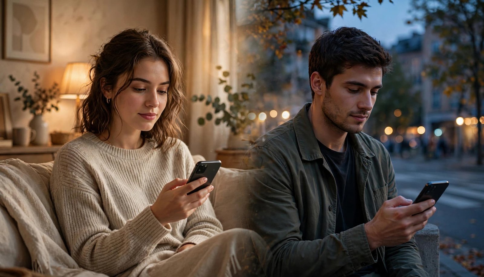 A woman indoors and a man outdoors each hold a phone in separate evening settings.