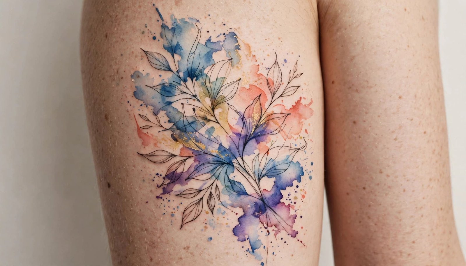 Close-up of a colorful watercolor botanical tattoo with soft edges and splattered pigment.