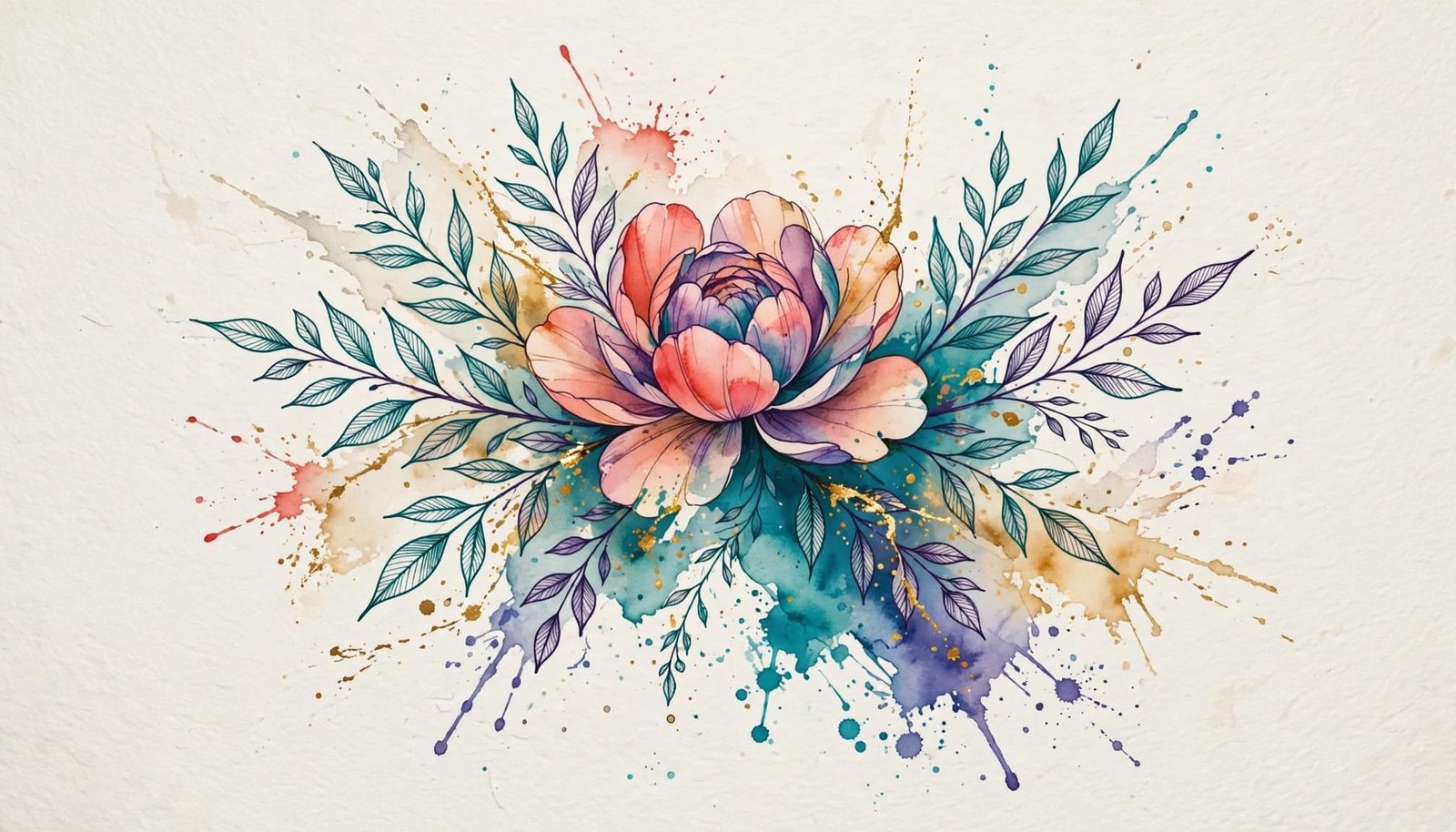 A colorful floral watercolor tattoo design with splashes and fine linework on a light background.