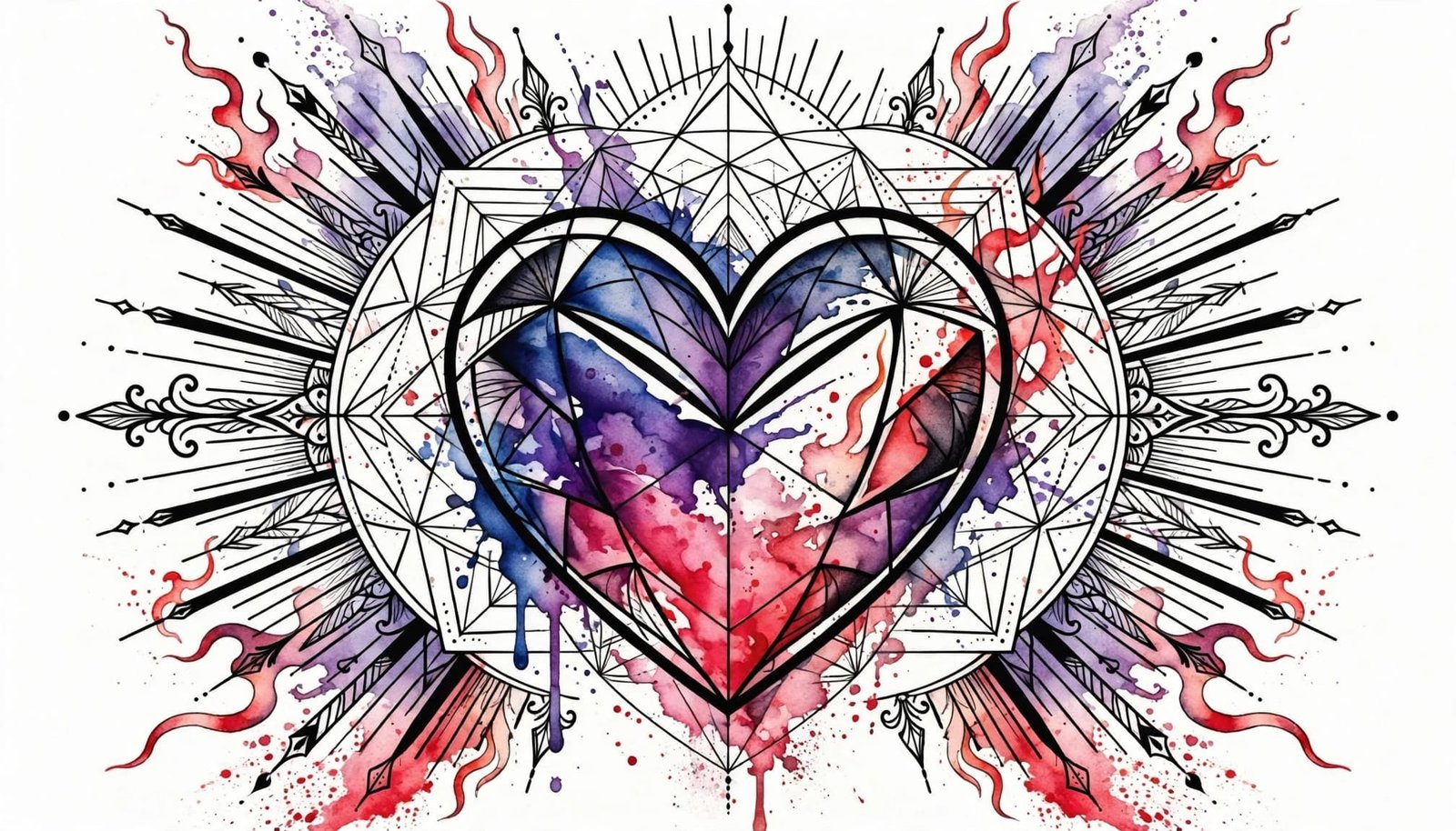 Colorful heart tattoo with geometric lines, ornamental rays, and flame-like accents on white.