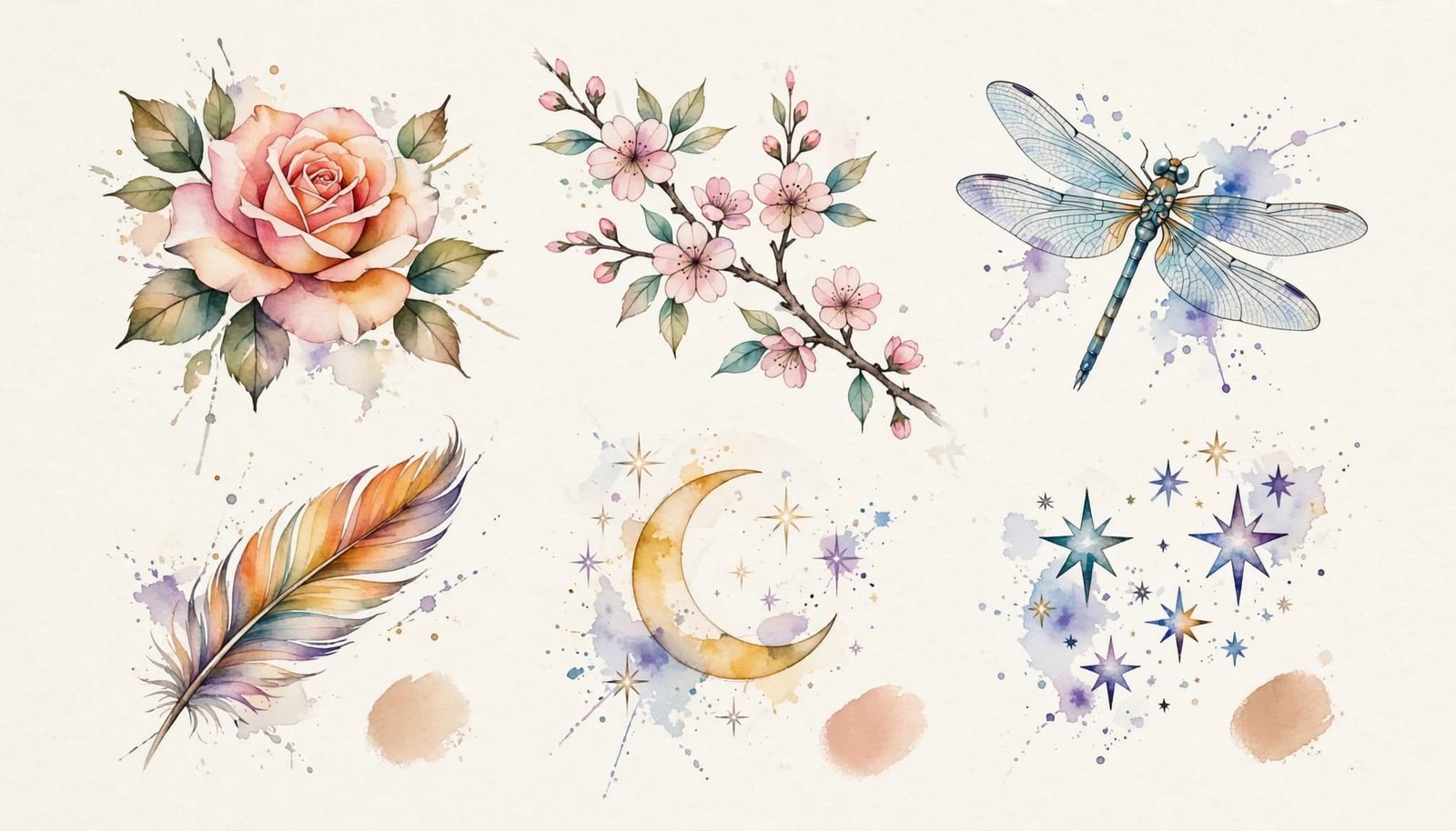 Watercolor tattoo motifs include a rose, blossoms, dragonfly, feather, moon, and stars.