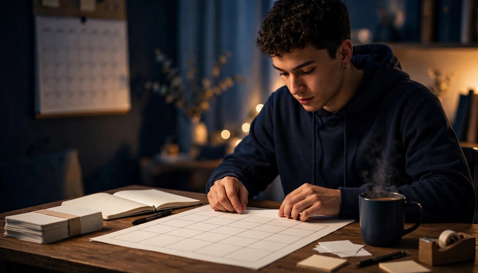 A student organizes flashcards and a weekly study plan at a tidy desk.