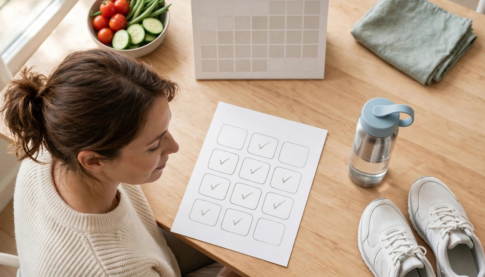 Woman reviewing a wellness plan beside water, walking shoes, and vegetables.