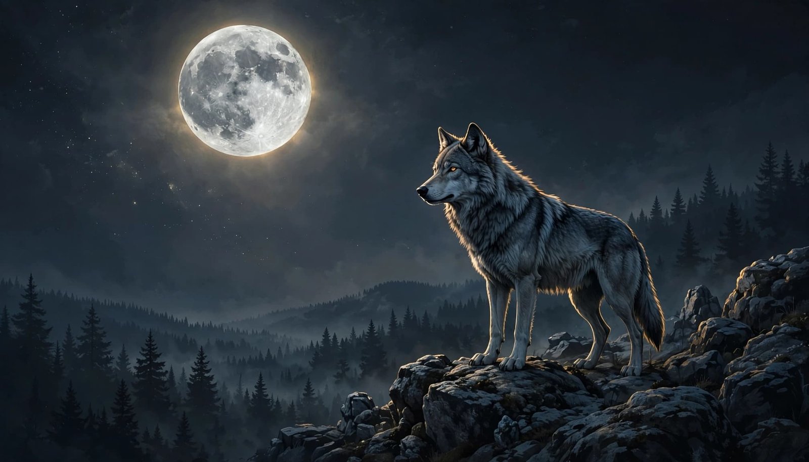 A lone wolf stands on a rocky ridge beneath a large moon.
