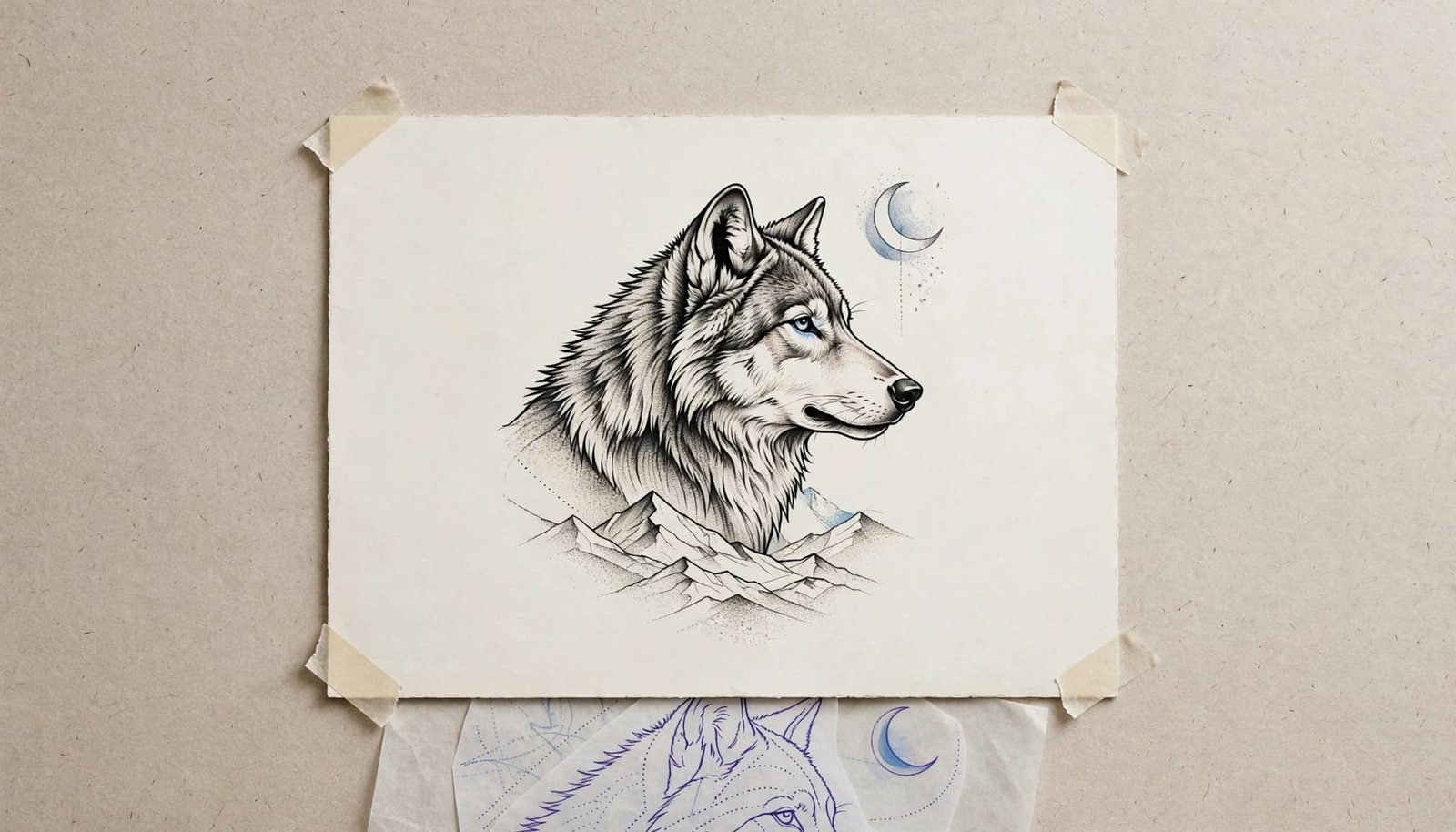 A side-profile wolf tattoo design with mountains and a moon on a studio board.
