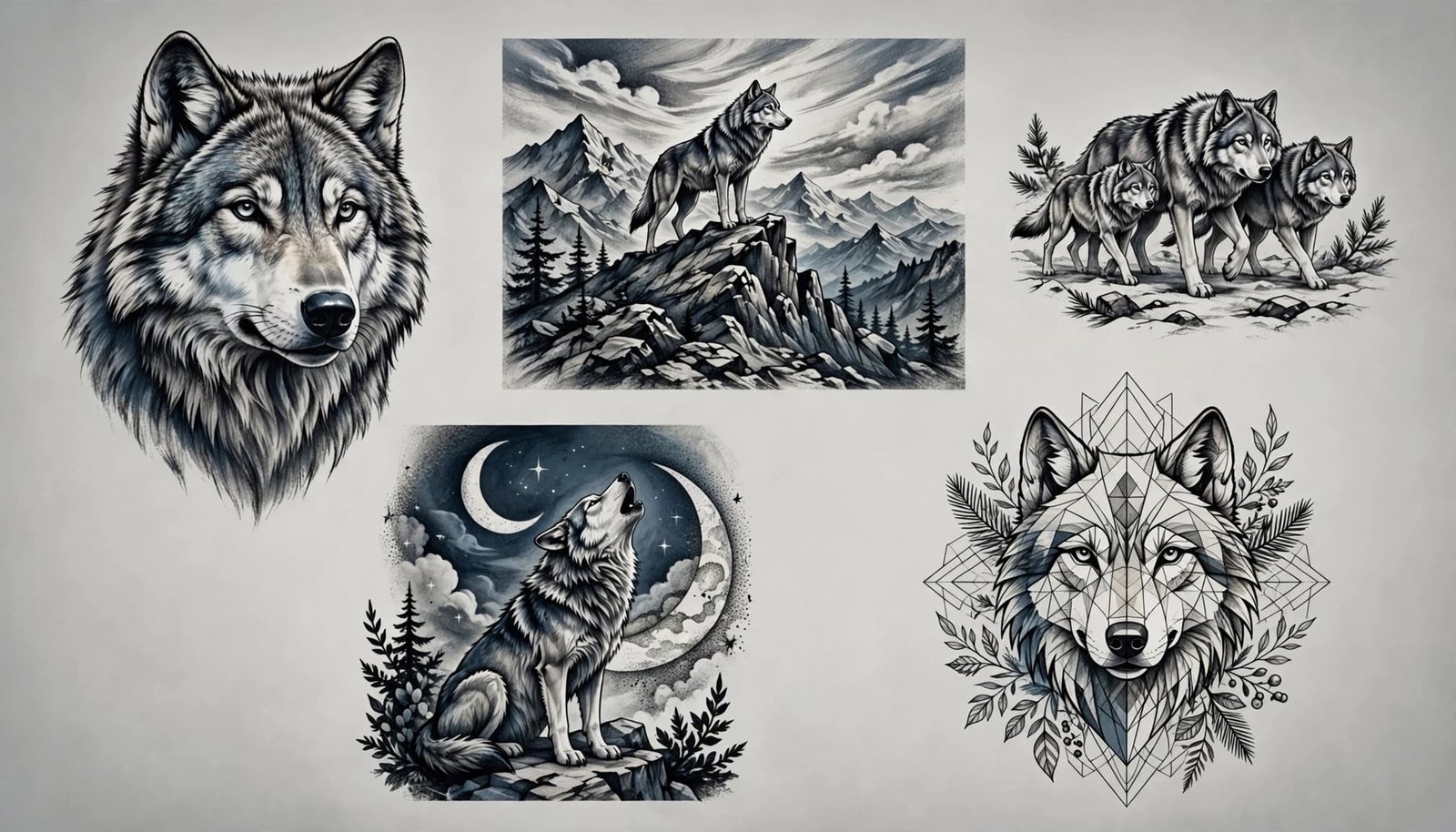 Five wolf tattoo designs shown in separate panels on a neutral background.