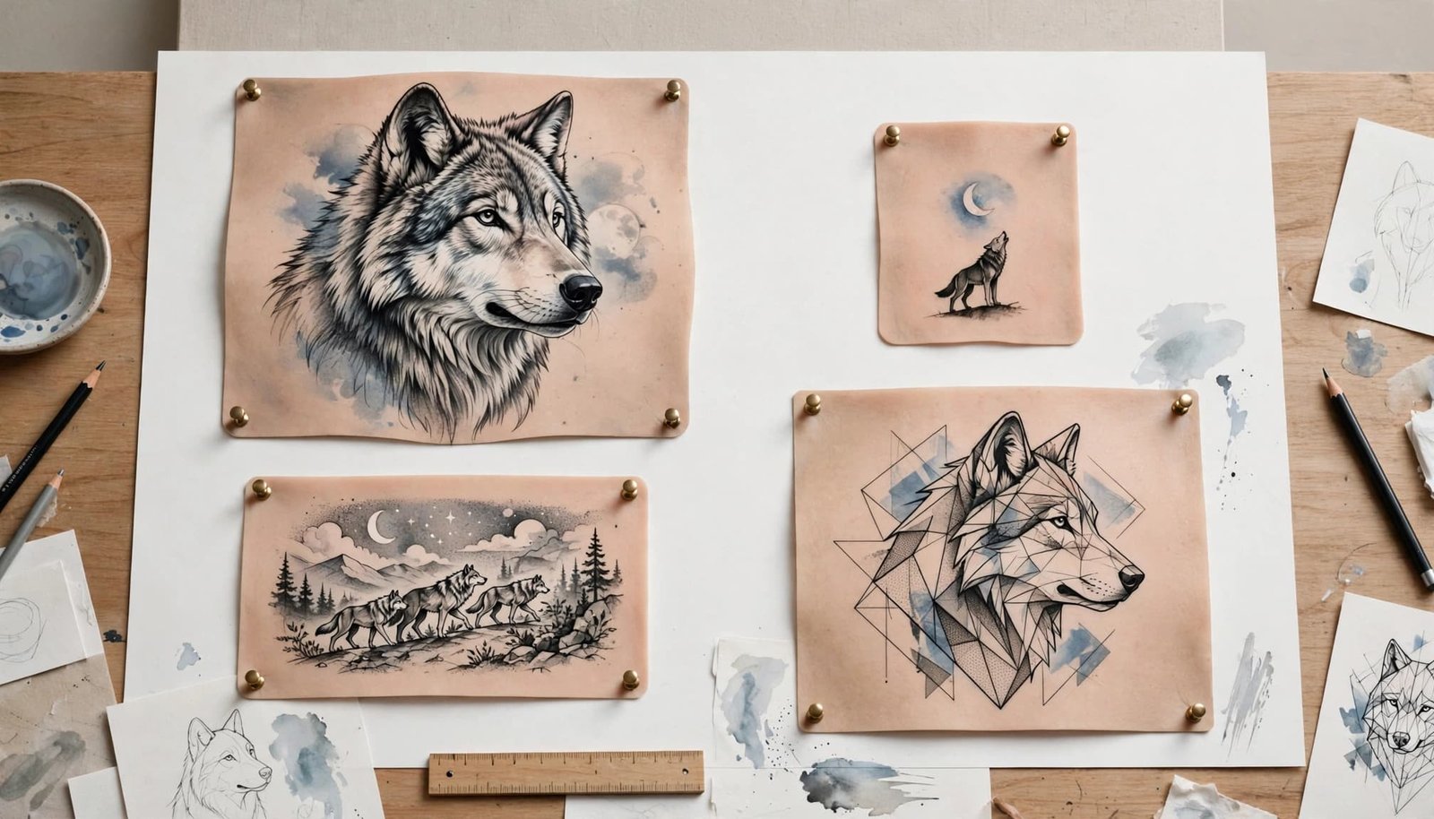 Four different wolf tattoo designs shown on skin-toned placement mockups in a bright studio.
