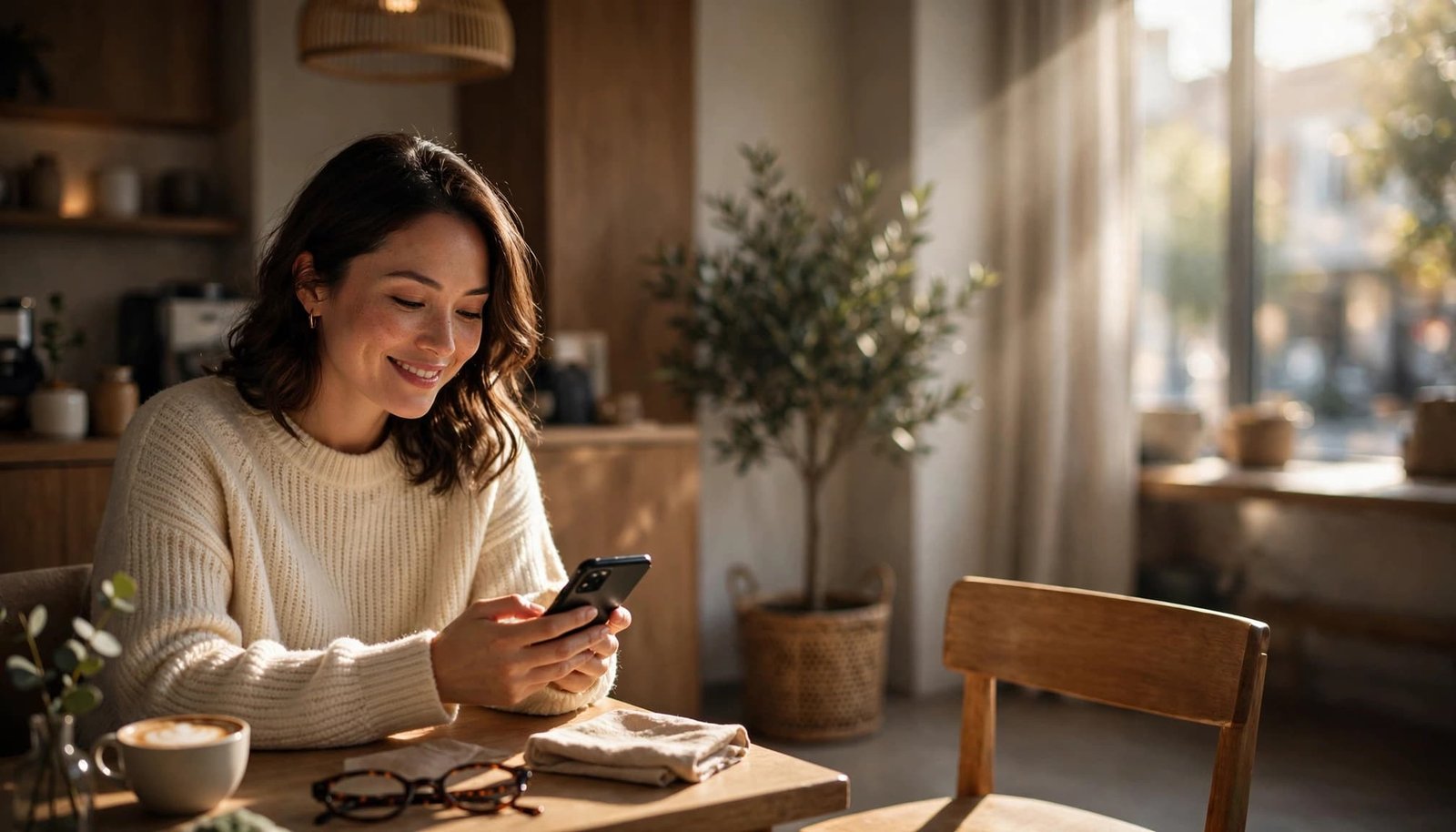 A woman smiles at her phone while sitting alone in a cozy café.