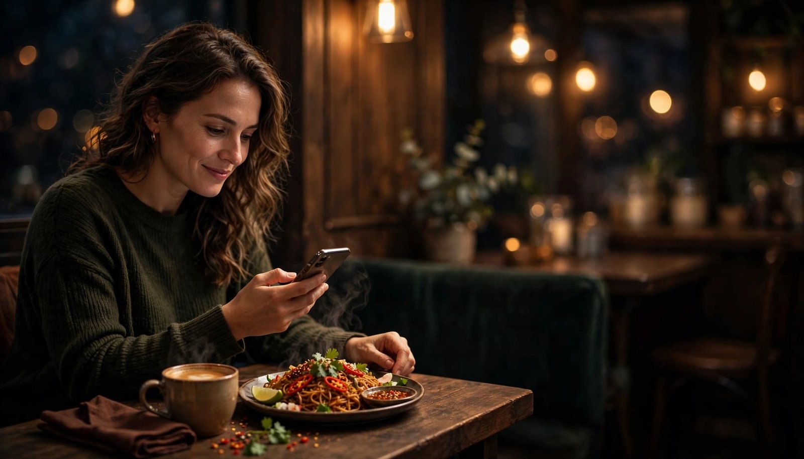 A woman smiles at her phone beside coffee and spicy food in a warmly lit cafe.