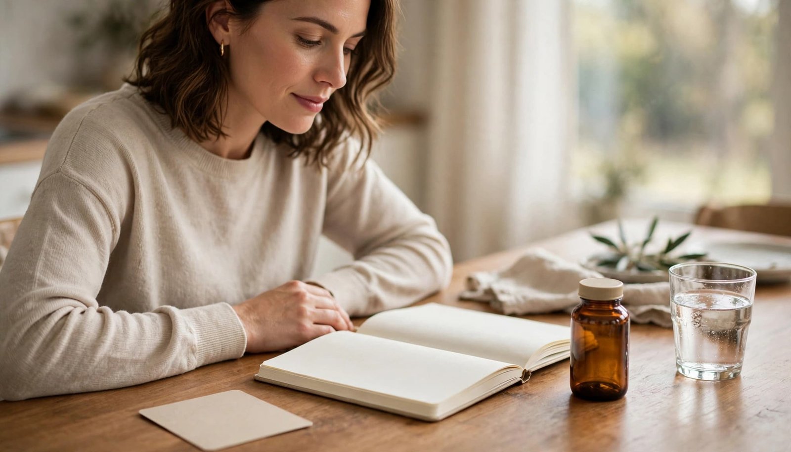 Woman reviewing a blank health journal beside a supplement bottle and glass of water.