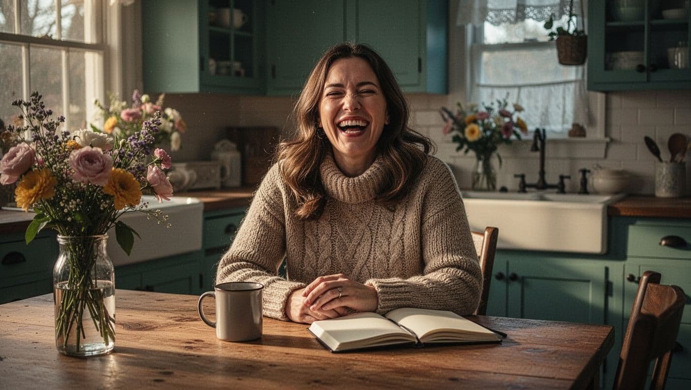 A woman laughing beside a mug and journal at a sunlit kitchen table.