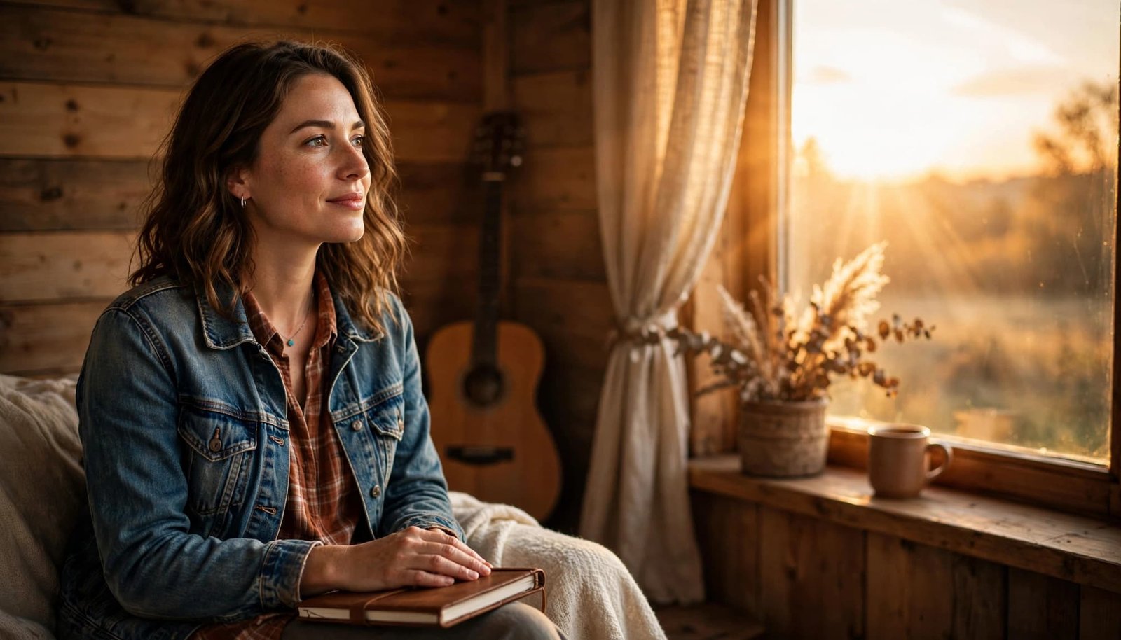 A thoughtful woman with a notebook sits in a warm rustic room by a window.
